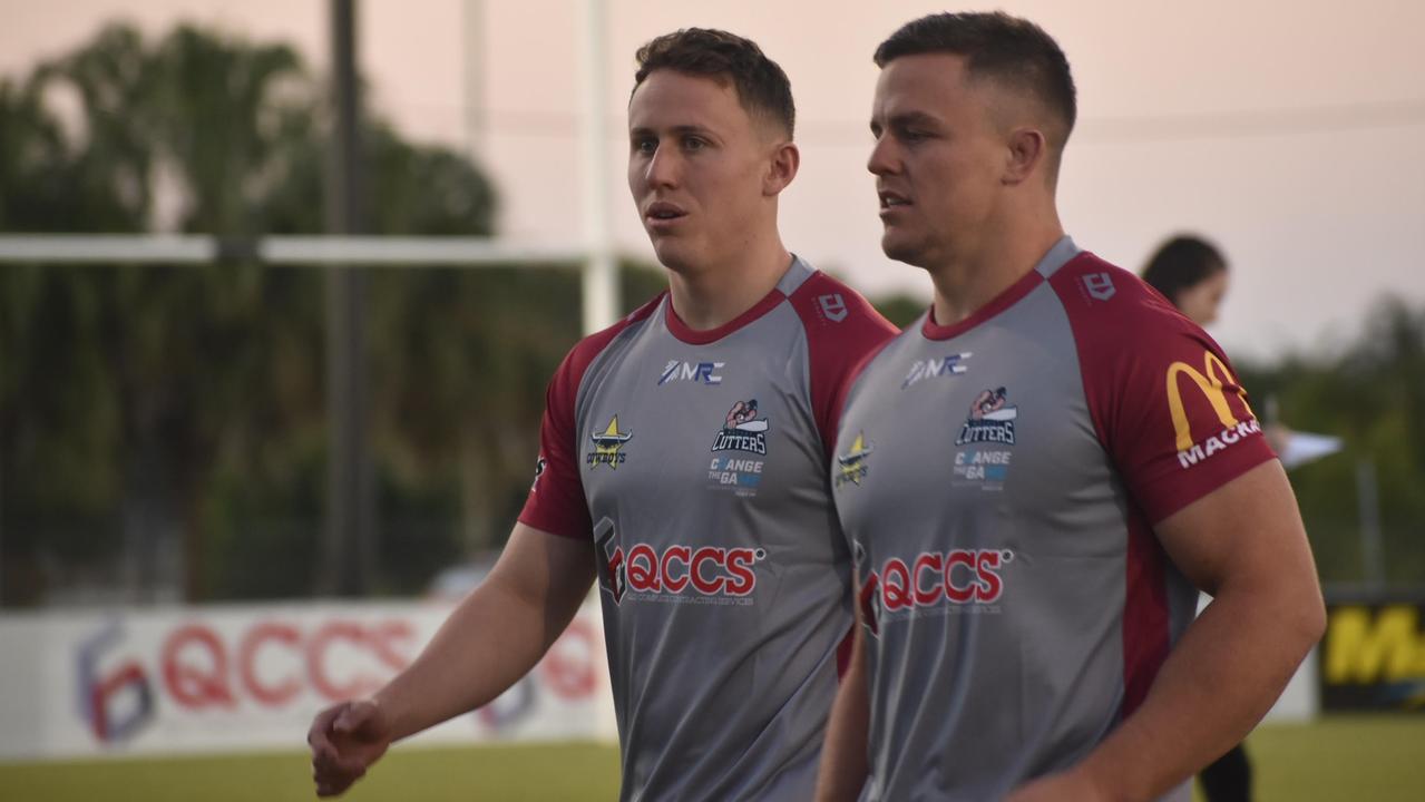 Adam Cook (from left) and Kai O'Donnell have signed with Mackay Cutters after they were released from Canberra Raiders. July 20, 2021. Picture: Matthew Forrest