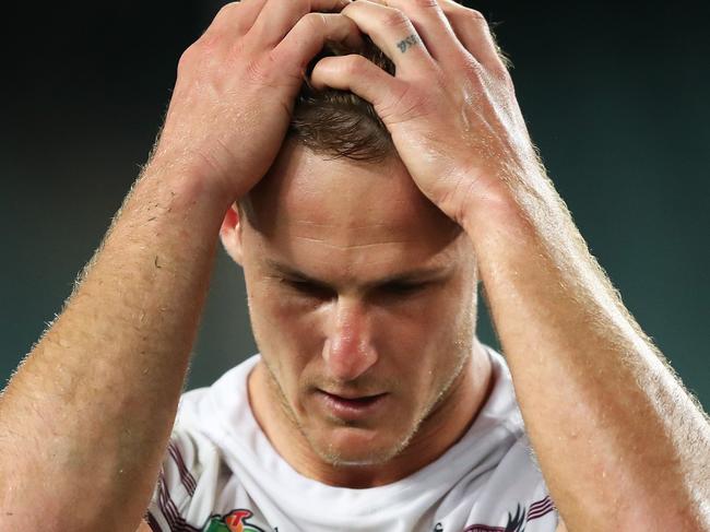 Manly's Daly Cherry-Evans after a narrow loss at full time in the Sydney Roosters v Manly rugby league game at Allianz Stadium, Sydney. Picture: Brett Costello