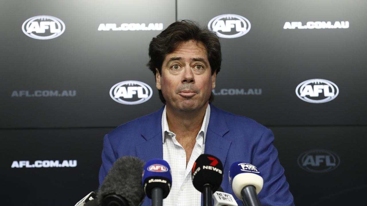 MELBOURNE, AUSTRALIA - MAY 30: AFL CEO Gillon McLachlan speaks to the media during a press conference at AFL House on May 30, 2023 in Melbourne, Australia. McLachlan spoke about the outcomes in relation to the Independent Panel Investigation into allegations of inappropriate conduct at the Hawthorn Hawks. (Photo by Darrian Traynor/Getty Images)