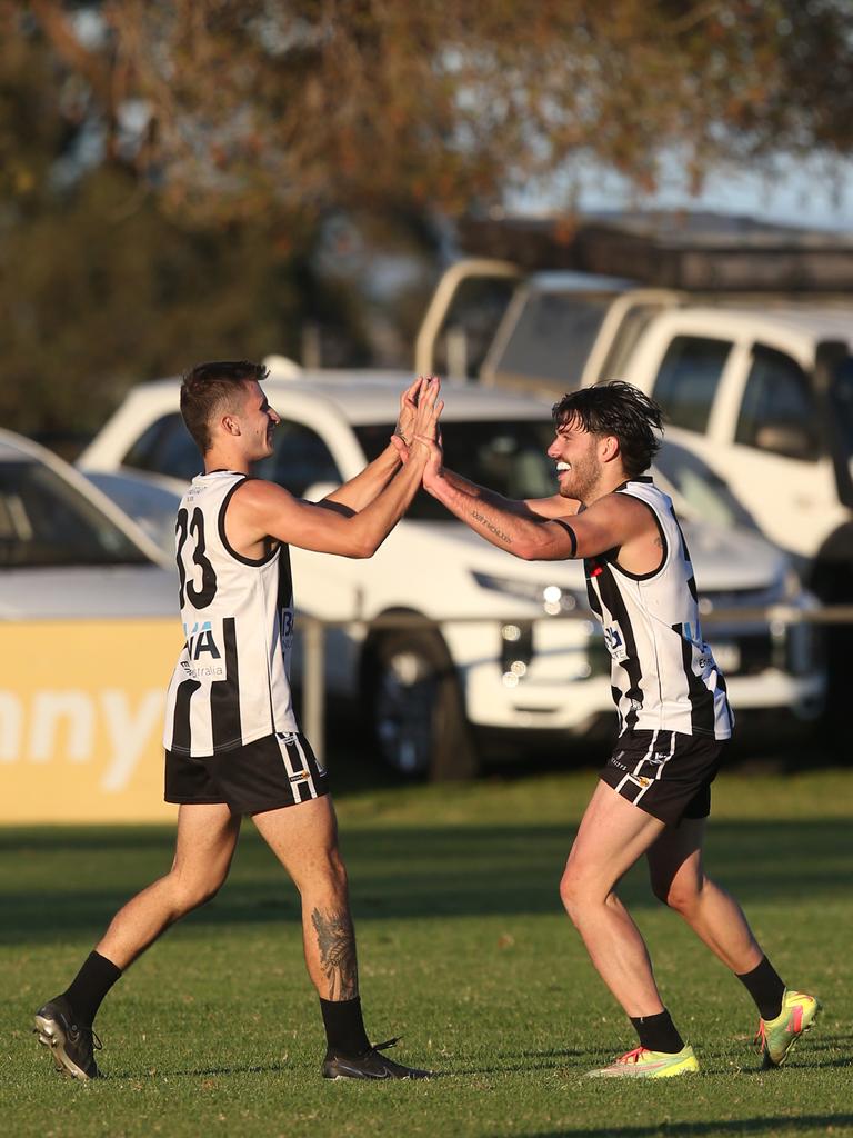 North Geelong's Osca Riccardi celebates a goal with teammate Terry Tseros. GDFNL North Geelong v Bannockburn. Picture: Alan Barber