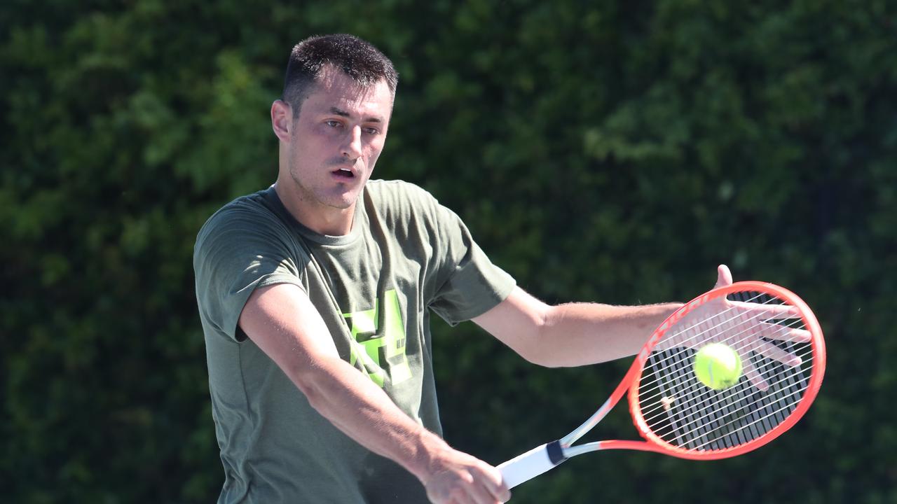 Bernard Tomic is back on the training court at a private location on the Gold Coast, in preparation for his big comeback. Picture Glenn Hamposon
