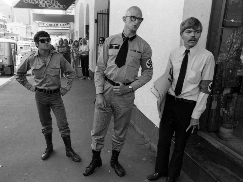 1975 - National Socialist Party of Australia demonstration in Elizabeth Street, Brisbane. Mr Ross May dressed in Nazi brownshirt costume (left) and James Saleam (right). Picture: Bob Barnes <br/>