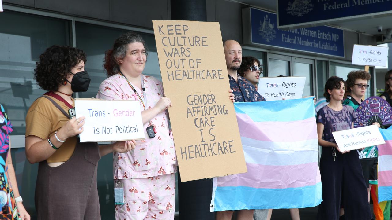 The Cairns trans community and supporting family members protest the State Government's pause on gender therapy including puberty blockers and hormone treatments. Wendy Ramsey led the rally on Wednesday, January 30, chanting "trans rights are human rights." Picture: Arun Singh Mann