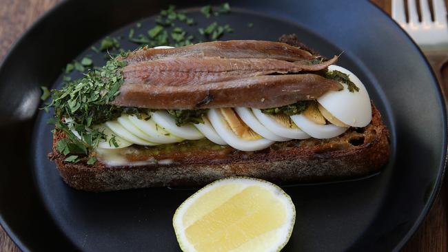 Salty, creamy, crunchy — the anchovy toast at Napier Quarter is the perfect snack. Picture: Andrew Tauber