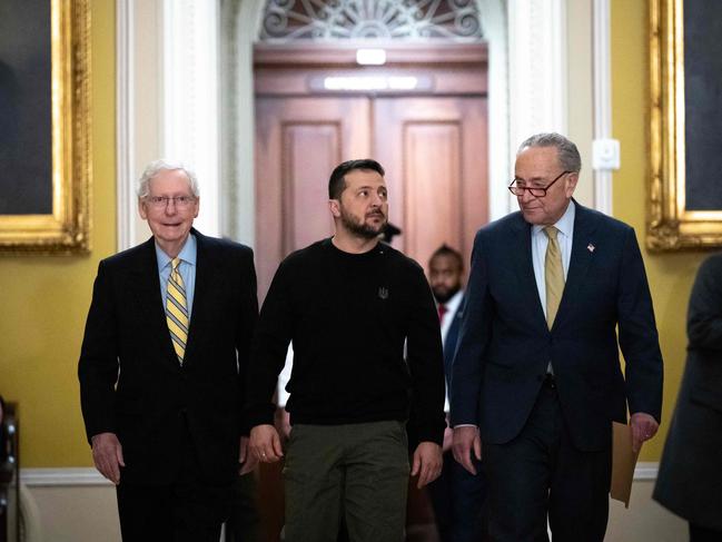 Ukrainian President Volodymyr Zelenskyy arriving at the US Capitol, flanked by Republican Senate leader Mitch McConnell and Democrat Senate leader Chuck Schumer. Picture: AFP