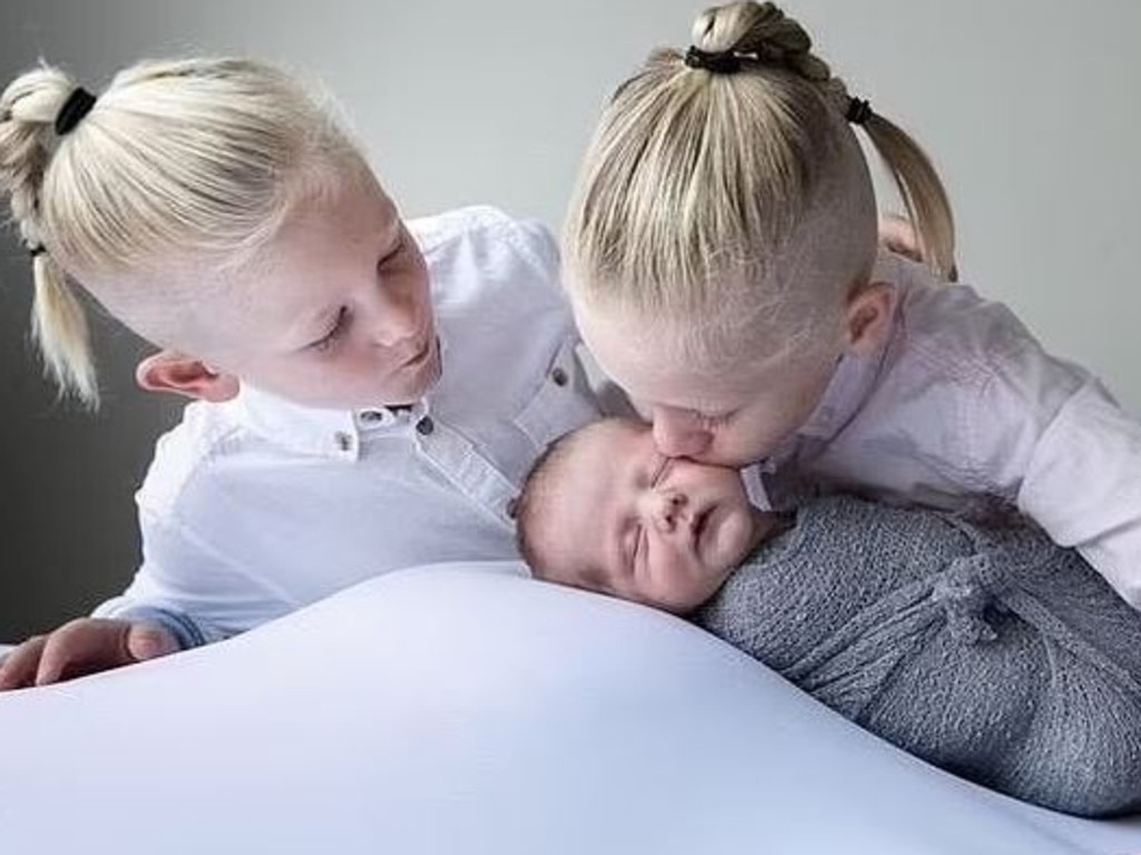 Several registered nurses said they hadn't recognised Ms Dunn was carrying a baby in her sling as the 'bulge' was 'low down' on her body – picture shows Harvey with his older twin brothers. Picture: GoFundMe