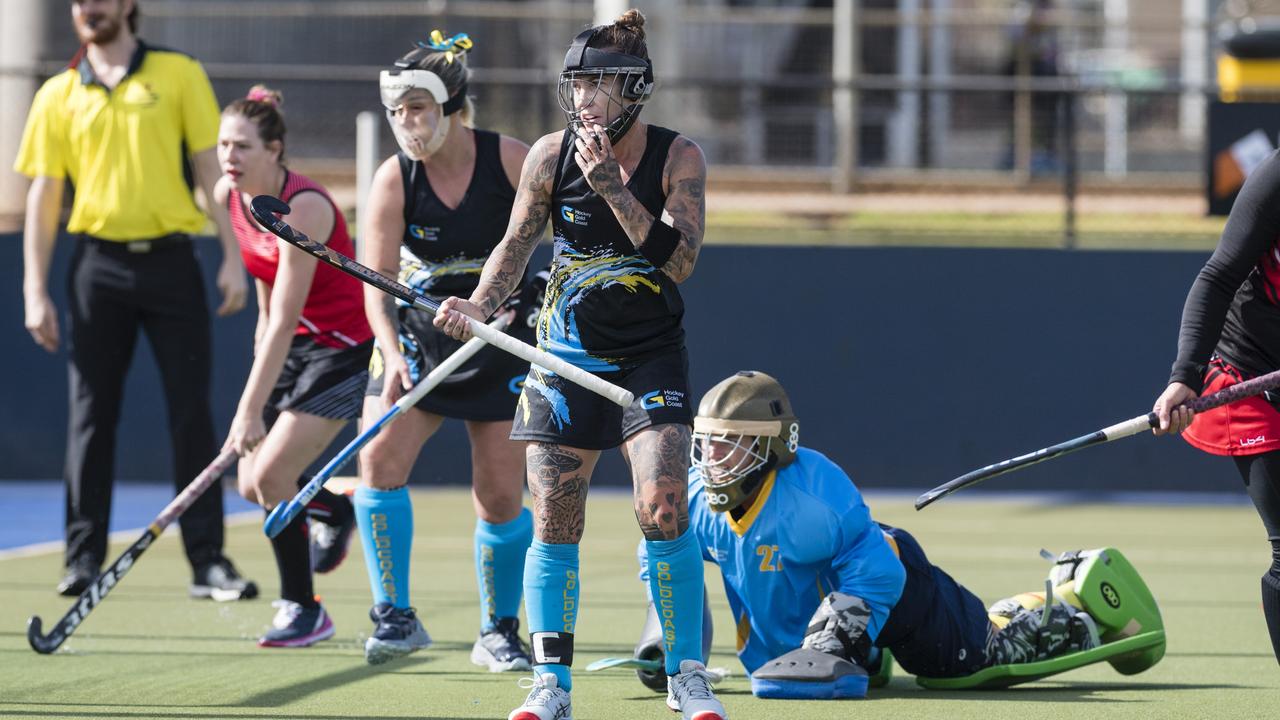 Sammi Morris (centre) of Gold Coast 1 reacts during the game against Rockhampton 1 in 2023 Hockey Queensland Womens Masters State Championships at Clyde Park, Toowoomba. Picture: Kevin Farmer