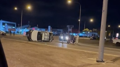 The aftermath of a nasty two vehicle hit and run car crash at the intersection of Duckworth Street and Woolcock Street in Garbutt, Townsville, at 9.14pm on Saturday night.