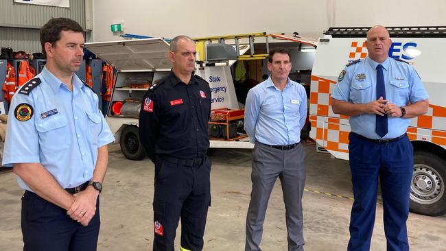 Left to right: SES commander, Michael Ward, NSW Fire and Rescue superintendent Rodney Chetwynd, Dan Bylsma and Mid-North Coast Police superintendent Shane Cribb. Pic Dan Mills