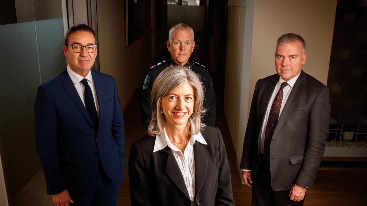 Premier Steven Marshall, Chief Public Health Officer Professor Nicola Spurrier, Police Commissioner Grant Stevens, Health and Wellbeing Minister Stephen Wade. Picture MATT TURNER.