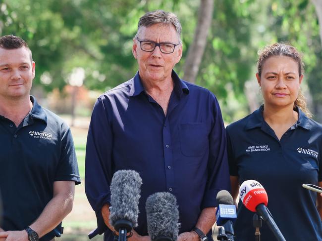 Territory Alliance Leader Terry Mills flanked by candidates Caleb Cardno for Karama and Amelia Nuku for Sanderson  speaks to the media on the eve of the 2020 NT election campaign.Picture GLENN CAMPBELL