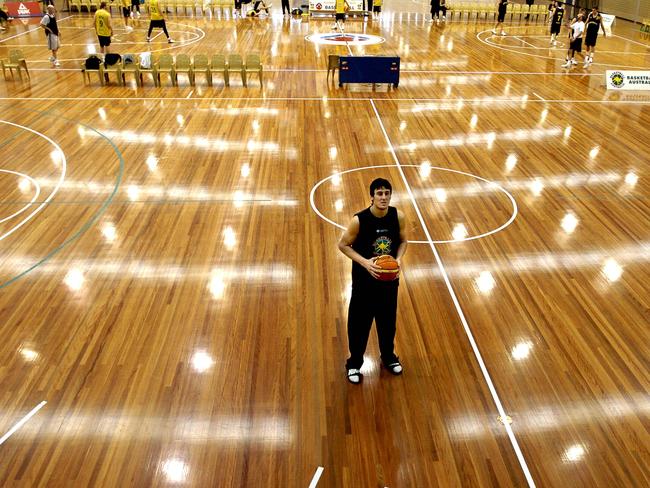 A young Andrew Bogut at the Australian Institute of Sport’s basketball hall in Canberra. Picture: NCA