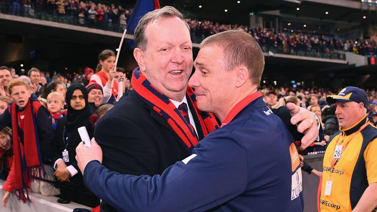 Glen Bartlett embraces Simon Goodwin in 2018.