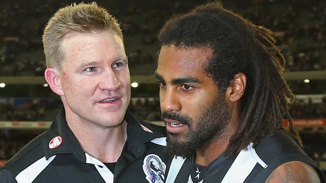 Nathan Buckley and Heritier Lumumba — then O’Brien — after a win in 2013. Picture: Getty Images