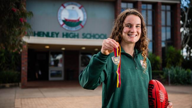 After sweeping the awards on Tuesday night, it was back to school at Henley High for West Adelaide's rising star Lauren Young. Picture: Tom Huntley