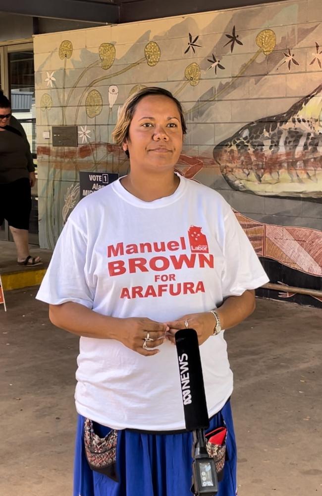 Arnhem MLA Selena Uibo was at the Arafura by-election polls in Jabiru on Friday, in support of Labor's candidate Manuel Brown. Picture: Annabel Bowles