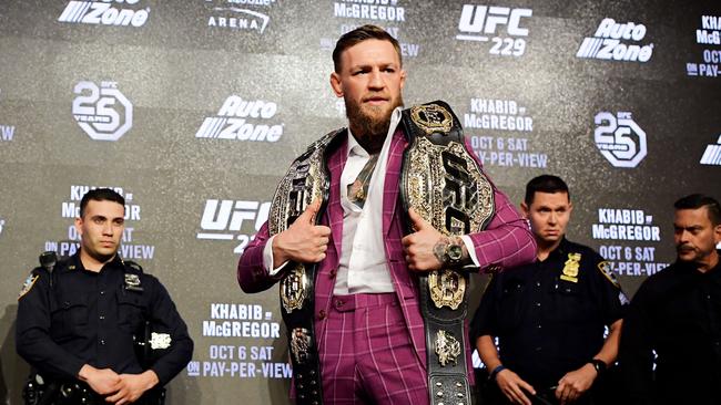 NEW YORK, NY - SEPTEMBER 20: Conor McGregor poses for photos during the UFC 229 Press Conference at Radio City Music Hall on September 20, 2018 in New York City. Steven Ryan/Getty Images/AFP == FOR NEWSPAPERS, INTERNET, TELCOS &amp; TELEVISION USE ONLY ==