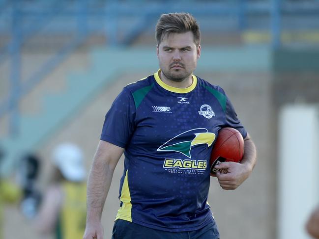 Michael Wundke is forwards coach for Woodville-West Torrens. He will also play for CMS Crows on the Yorke Peninsula. At Woodville oval for training, 26 March 2018. (AAP Image/Dean Martin)