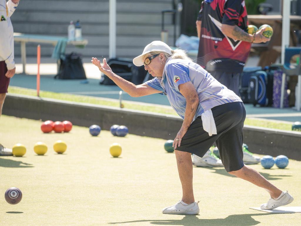 Lyn Walden in the ladies pairs lawn bowls will be played from 2pm at Broadbeach Bowls Club. Picture: Glenn Campbell