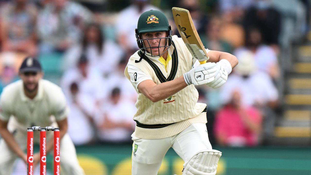 HOBART, AUSTRALIA - JANUARY 14: Marnus Labuschagne of Australia bats during day one of the Fifth Test in the Ashes series between Australia and England at Blundstone Arena on January 14, 2022 in Hobart, Australia. (Photo by Steve Bell/Getty Images)