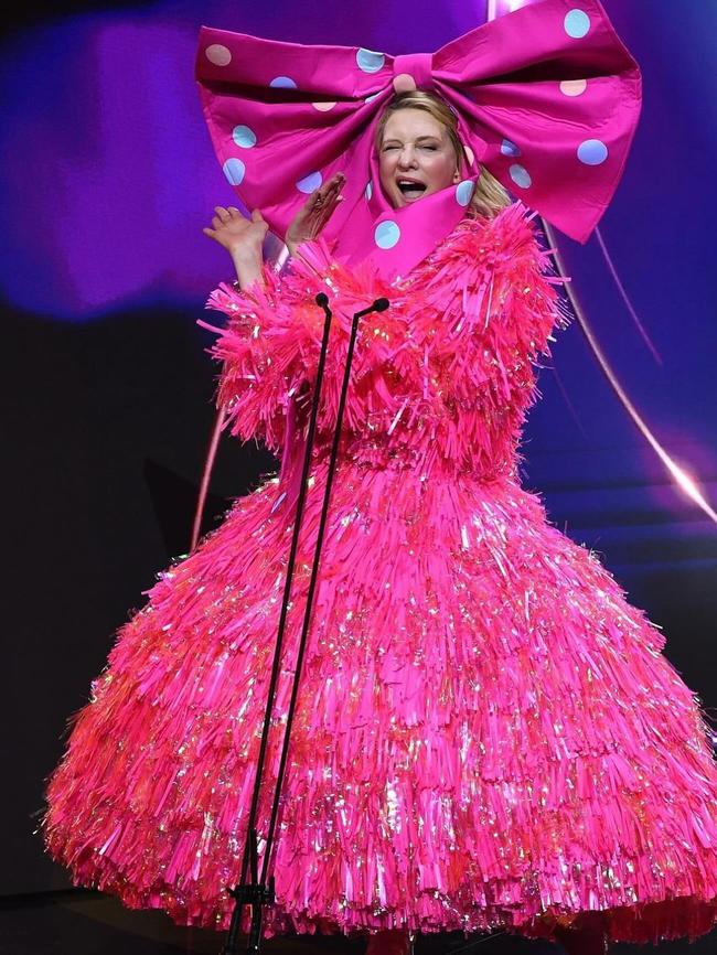 Cate Blanchett wearing a gown created by Brisbane designer Rachel Burke on stage at the AACTA awards. Photo: Instagram.