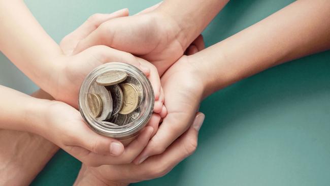 child and parent hands holding money jar, donation, saving, charity, family finance plan concept generic