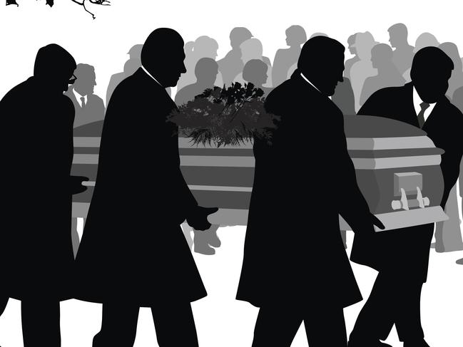 A vector silhouette illustration of pall bearers carrying the coffin of a deceased loved one past spectators through a cemetary.