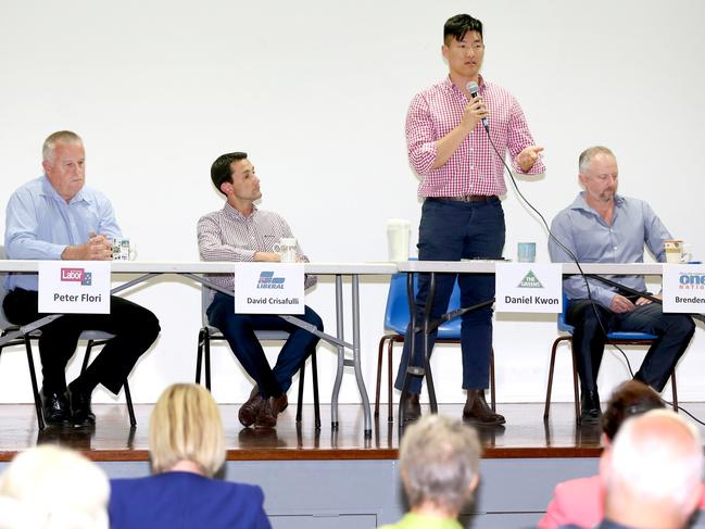 candidates for Broadwater at the  paradise point community hall L-RPeter Flori, David Crisafulli,  Daniel Kwon , and Brendan Ball . Picture Mike Batterham