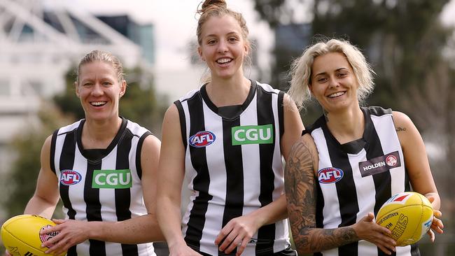 Collingwood signed Emma King (middle) and Moana Hope (right) as its marquee players, while Meg Hutchins (left) has also signed with the Pies. Picture:Wayne Ludbey