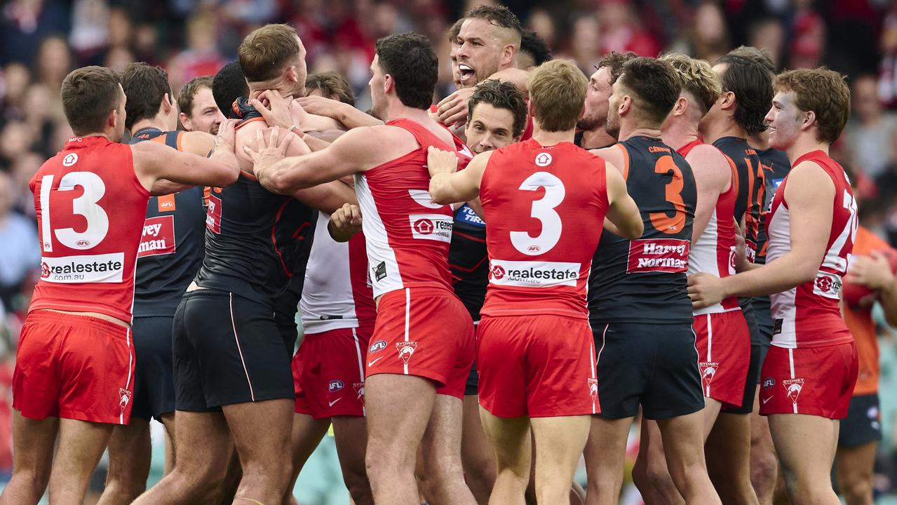 Tempers flared between the Sydney sides. (Photo by Brett Hemmings/AFL Photos/via Getty Images)