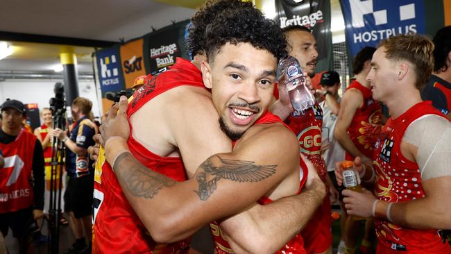 Malcolm Rosas of the Suns celebrates after the Suns beat the Western Bulldogs at TIO Stadium. Picture: Michael Willson/AFL Photos/Getty Images