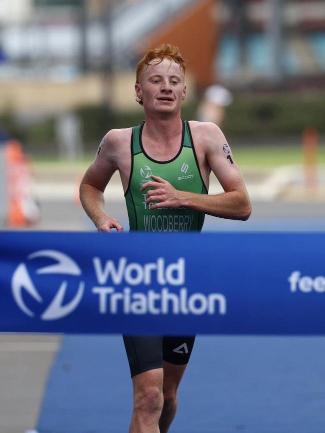 Jack Woodberry from Hobart wins the 2024 Australian Junior Triathlon Championship in Wollongong. Picture: Con Chronis/supplied