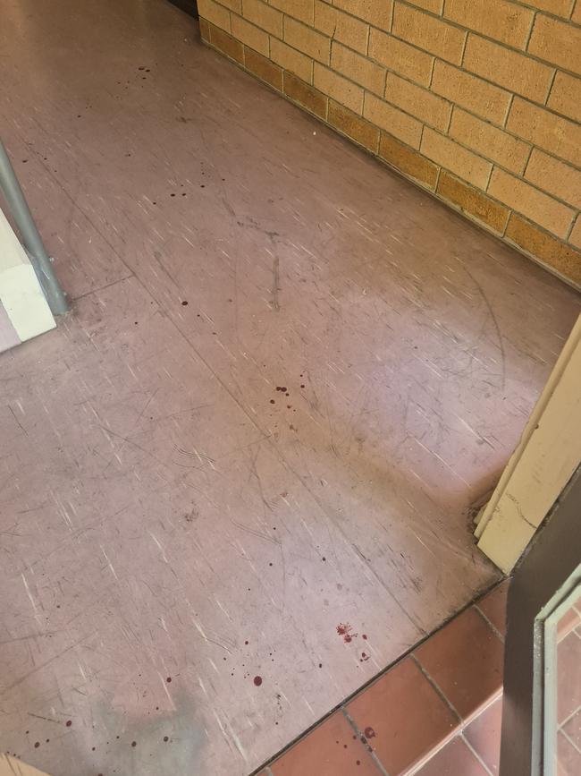 Blood splatter on the floor of the Renown Park complex. Picture: Dasha Havrilenko