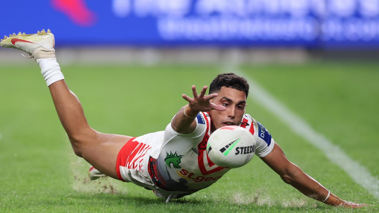 Sloan was centimetres away from grounding the ball that would have given the Dragons a six-point lead late in the game. Picture: Mark Kolbe/Getty Images