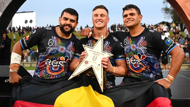 Shaquai Mitchell, Jack Wighton and Latrell Mitchell proudly celebrated their culture in Rotorua earlier in the year. Picture: Hannah Peters/Getty Images