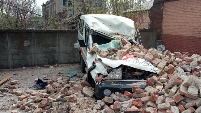 A car of the International Committee of the Red Cross destroyed by a strike on Mariupol. Picture: Supplied