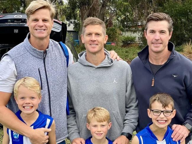 St Kilda champions Nick Riewoldt, Nick Dal Santo and Lenny Hayes with their sons Will, Aston and Jacob. Tasmania are eyeing off access to draft Will Riewoldt as a father-son.