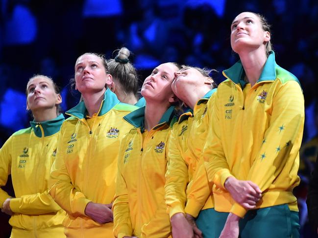 LIVERPOOL, ENGLAND - JULY 21: Australia players look on after losing the Vitality Netball World Cup Final match between Australia and New Zealand at M&S Bank Arena on July 21, 2019 in Liverpool, England. (Photo by Nathan Stirk/Getty Images)