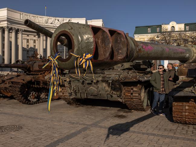 Destroyed Russian tanks on display in Mykhailivska Square, on February 23, in downtown Kyiv, Ukraine.