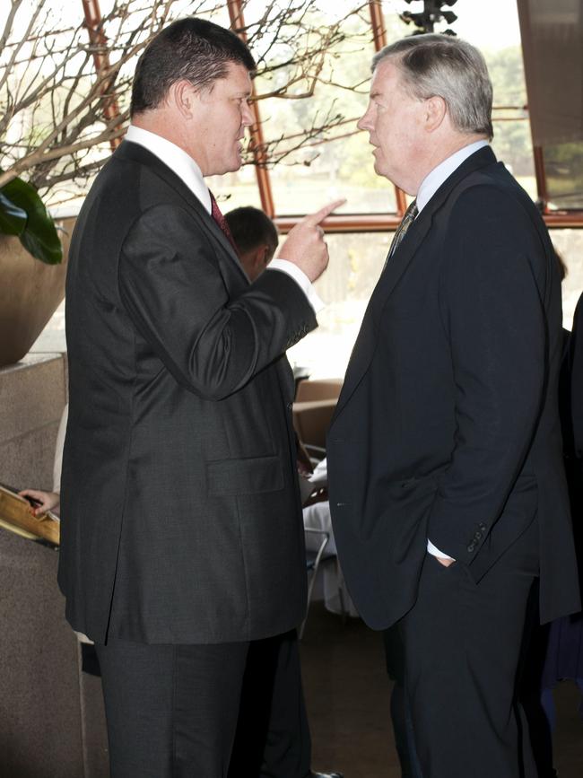 James Packer makes a point with Leckie.