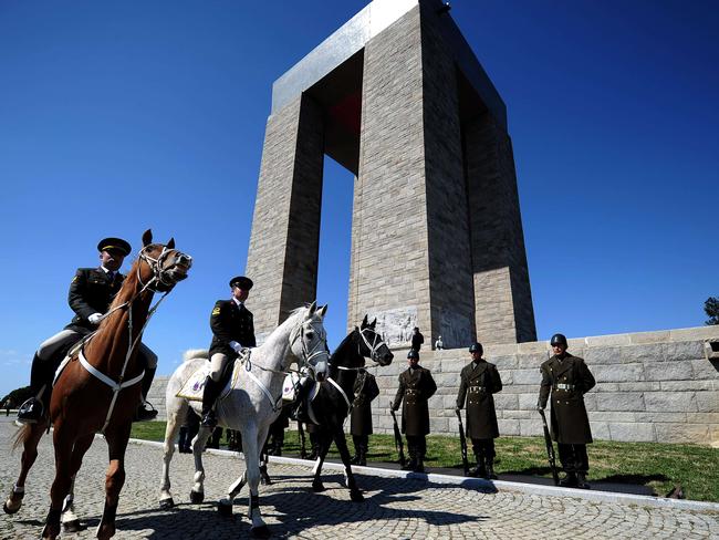 Hallowed turf ... soldiers patrol in the north-western province of Canakkale ahead of a ceremony marking the 100th anniversary of Turkey’s Gallipoli Victory Day. Picture: AFP Photo / Ozan Kose