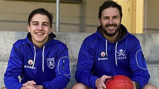 Old Peninsula great Shaune Payze with his son – and new teammate – Bailey.