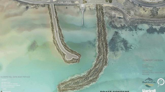 Frankston Council's 2018 draft concept plans for a safe boat harbour, featuring a rock wall, at the base of Olivers Hill. Picture: supplied