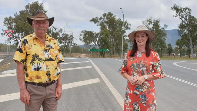 Emu Park resident Bruce Craig and Member for Keppel Brittany Lauga at today's Emu Park Rd announcement. Picture: Aden Stokes