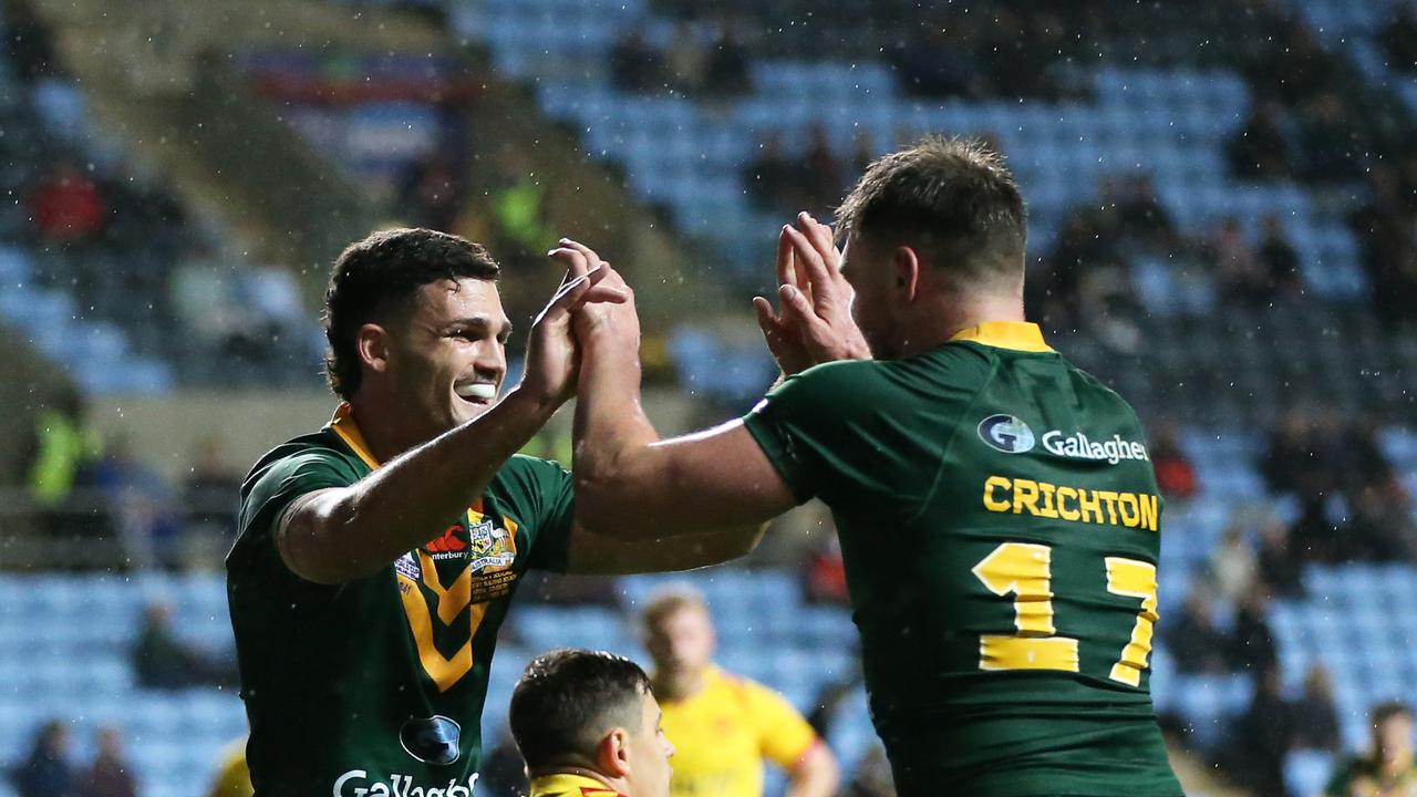 Angus Crichton celebrates a try against Scotland. Picture: Alex Livesey/Getty Images for RLWC