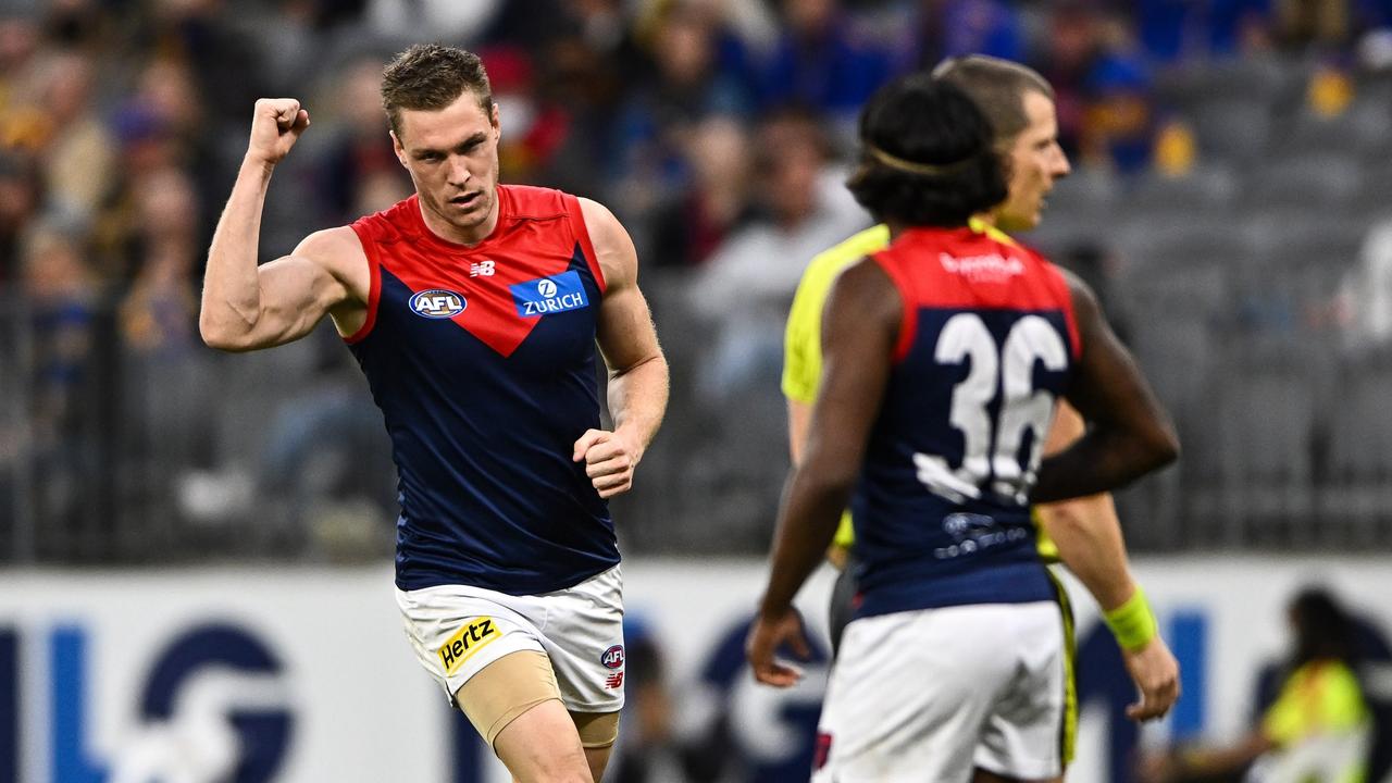 Tom McDonald celebrates during Melbourne’s 74-point win. Picture: Daniel Carson/AFL Photos