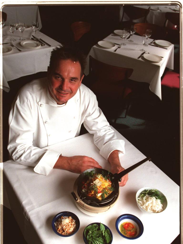 Chef Russell Armstrong with his Cha ca ca chung, Vietnamese fish &amp; noodle dish available at Armstrong's in Brisbane, 1999.