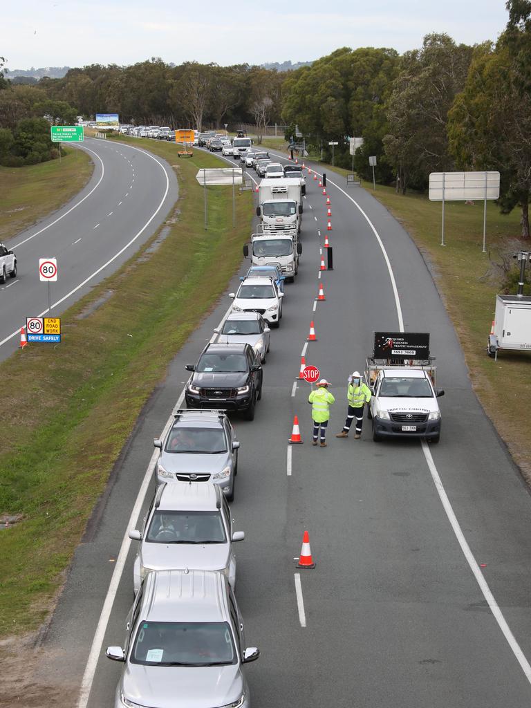 The hard border and long Queues return to the Qld NSW border on the Gold Coast. Long Queues on the Gold Coast highway atCoolangatta. Picture: Glenn Hampson.