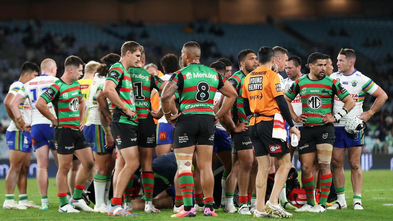 Rabbitohs and Raiders players ought to be commended for their classy display of sportsmanship, after forming a protective shield around Corey Harawira-Naera after suffering a seizure. Picture: Getty Images.