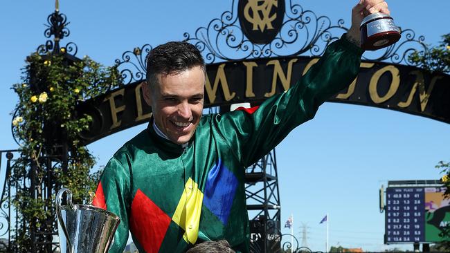 Jockey Ryan Maloney after winning the 2020 Group 1 Australian Guineas on Alligator Blood. Picture: Getty Images.